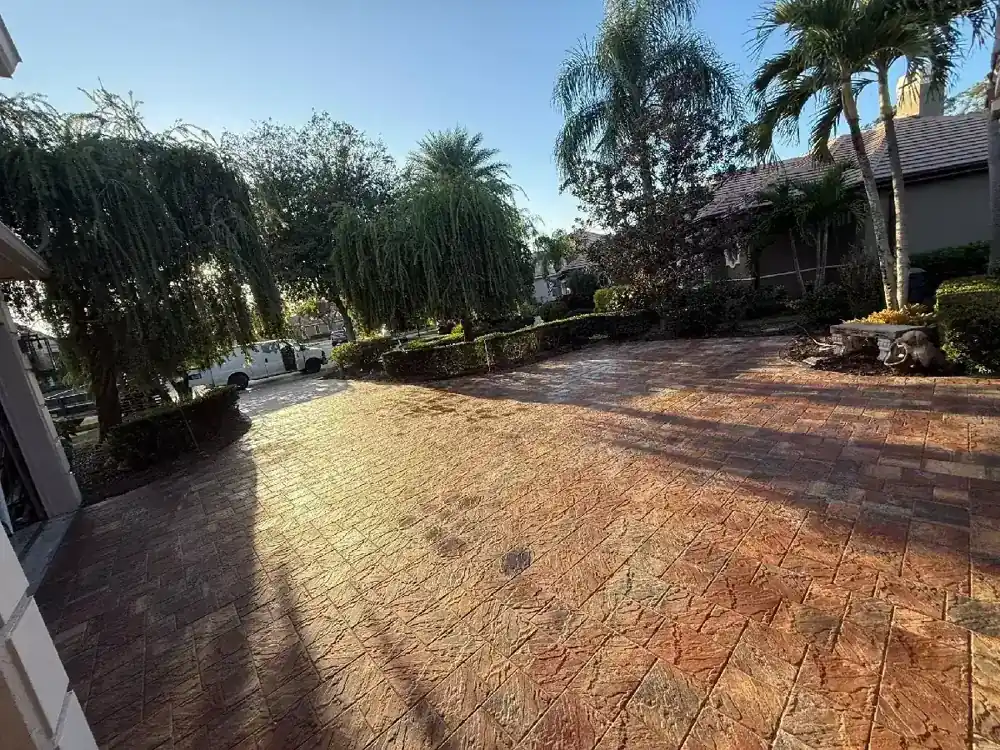 Brick paver driveway framed by palm trees at a Bradenton, Florida property